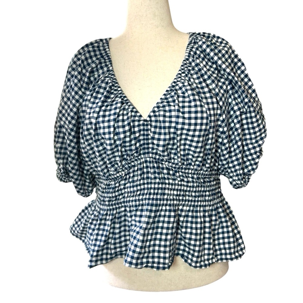 Old Navy Cotton Blue Gingham Smocked Babydoll Puff Sleeve Peplum Top XL Cottage